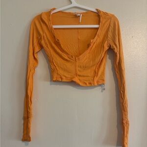 Urban Outfitters Cropped Long-Sleeve V-Neck Top in Orange
